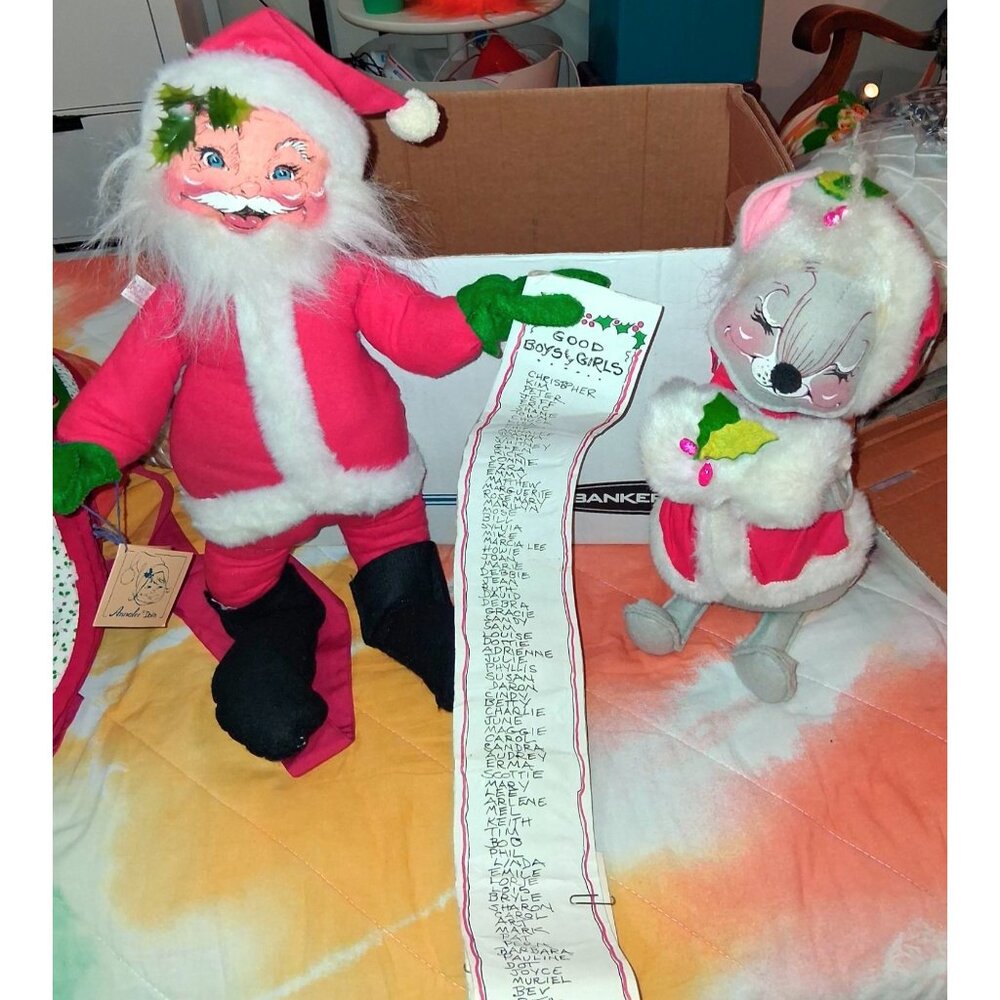 HUGE Vintage Annalee Christmas Santa & Mouse Plush Figurines 18" & 14" Handcraft